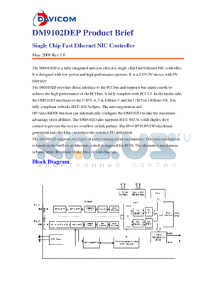 DM9102DEP datasheet - Single Chip Fast Ethernet NIC Controller