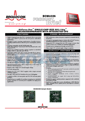 BCM4326 datasheet - AirForce One SINGLE-CHIP IEEE 802.11b/g MAC/BASEBAND/RADIO WITH INTEGRATED CPU