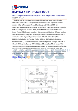 DM9161AE datasheet - 10/100 Mbps Fast Ethernet Physical Layer Single Chip Transceiver