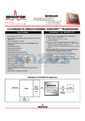 BCM5220 datasheet - 10/100BASE-TX SINGLE-CHANNEL SIGNI-PHY-TM TRANSCEIVER