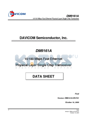 DM9161A_09 datasheet - 10/100 Mbps Fast Ethernet Physical Layer Single Chip Transceiver