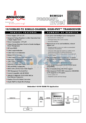BCM5221 datasheet - 10/100BASE TX SINGLE CHANNEL SIGNI PHY TRANSCEIVER