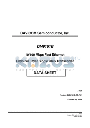DM9161BEP datasheet - 10/100 Mbps Fast Ethernet Physical Layer Single Chip Transceiver
