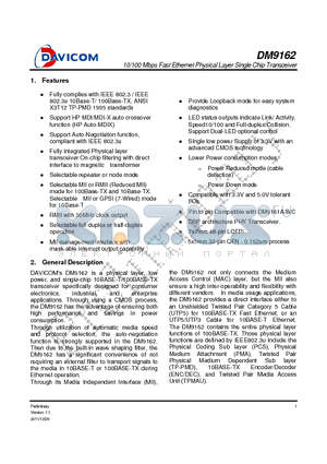 DM9162EP datasheet - 10/100 Mbps Fast Ethernet Physical Layer Single Chip Transceiver