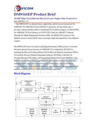DM9161EP datasheet - 10/100 Mbps Fast Ethernet Physical Layer Single Chip Transceiver