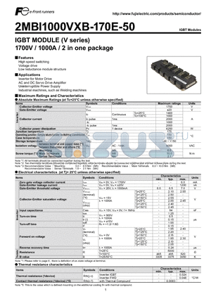 2MBI1000VXB-170E-50 datasheet - IGBT MODULE (V series) 1700V / 1000A / 2 in one package