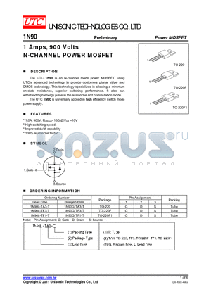 1N90G-TA3-T datasheet - 1 Amps, 900 Volts N-CHANNEL POWER MOSFET