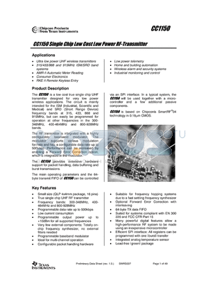 CC1150 datasheet - Single Chip Low Cost Low Power RF-Transmitter