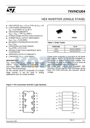 74VHCU04TTR datasheet - HEX INVERTER SINGLE STAGE