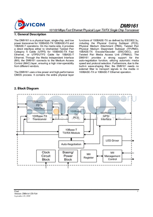DM9161_08 datasheet - 10/100 Mbps Fast Ethernet Physical Layer TX/FX Single Chip Transceiver