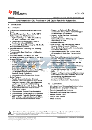 CC1131QRHBRG4Q1 datasheet - Low-Power Sub-1-GHz Fractional-N UHF Device Family for Automotive