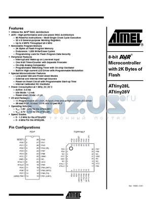 ATTINY28V-1PI datasheet - 8-bit AVR Microcontroller with 2K Bytes of Flash