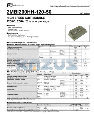 2MBI200HH-120-50 datasheet - HIGH SPEED IGBT MODULE 1200V / 200A / 2 in one package