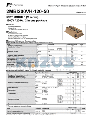 2MBI200VH-120-50 datasheet - IGBT MODULE (V series) 1200V / 200A / 2 in one package