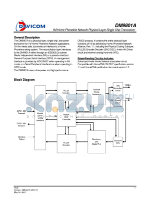 DM9801AE datasheet - 1M Home Phoneline Network Physical Layer Single Chip Transceiver
