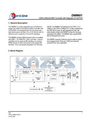 DM9601 datasheet - USB Ethernet MAC Controller with Intergrated 10/100 PHY