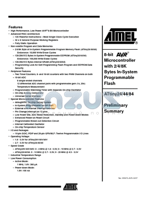 ATTINY44 datasheet - 8-bit Microcontroller with 2/4/8K Bytes In-System Programmable Flash