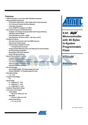 ATTINY40-SU datasheet - 8-bit AVR Microcontroller with 4K Bytes In-System Programmable Flash