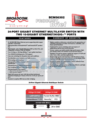 BCM56302 datasheet - 24-PORT GIGABIT ETHERNET MULTILAYER SWITCH WITH TWO 10-GIGABIT ETHERNET/HIGIGPORTS