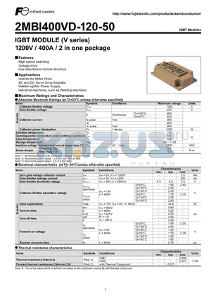 2MBI400VD-120-50 datasheet - IGBT MODULE (V series) 1200V / 400A / 2 in one package