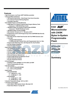 ATTINY44-20PU datasheet - 8-bit Microcontroller with 2/4/8K Bytes In-System Programmable Flash