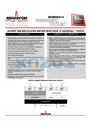 BCM56514 datasheet - 24-PORT GbE MULTILAYER SWITCH WITH FOUR 10 GbE/HiGig PORTS
