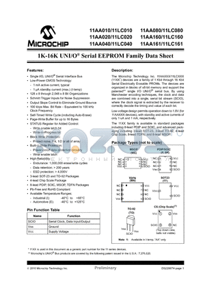 11LC010-IMNY datasheet - 1K-16K UNI/O^ Serial EEPROM Family Data Sheet