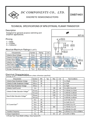 DMBT4401 datasheet - TECHNICAL SPECIFICATIONS OF NPN EPITAXIAL PLANAR TRANSISTOR