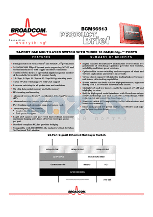 BCM56513 datasheet - 24-PORT GbE MULTILAYER SWITCH WITH THREE 10 GbE/HiGig PORTS