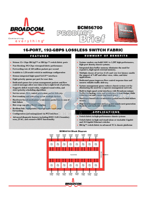 BCM56700 datasheet - 16-PORT, 192-GBPS LOSSLESS SWITCH FABRIC