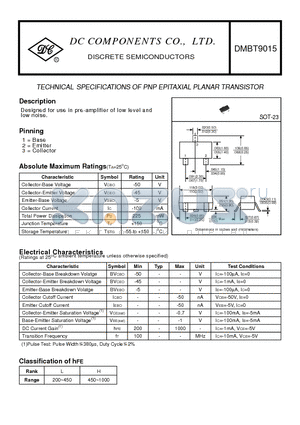DMBT9015 datasheet - TECHNICAL SPECIFICATIONS OF PNP EPITAXIAL PLANAR TRANSISTOR