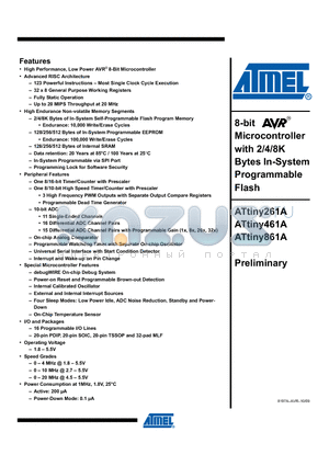 ATTINY261A_1 datasheet - 8-bit Microcontroller with 2/4/8K Bytes In-System Programmable Flash