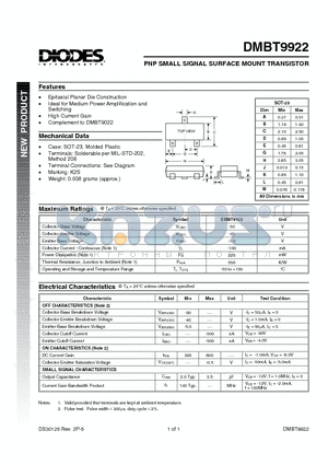DMBT9922 datasheet - PNP SMALL SIGNAL SURFACE MOUNT TRANSISTOR