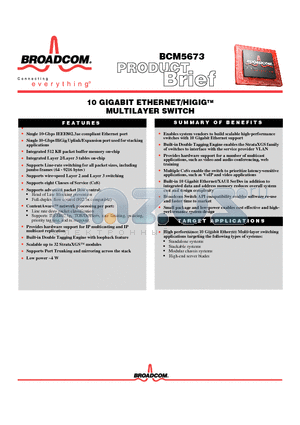 BCM5673 datasheet - 10 GIGABIT ETHERNET/HIGIG MULTILAYER SWITCH