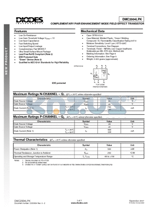 DMC2004LPK datasheet - COMPLEMENTARY PAIR ENHANCEMENT MODE FIELD EFFECT TRANSISTOR