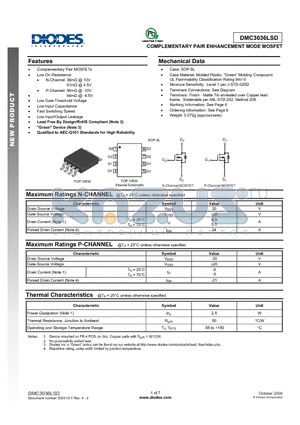 DMC3036LSD datasheet - COMPLEMENTARY PAIR ENHANCEMENT MODE MOSFET