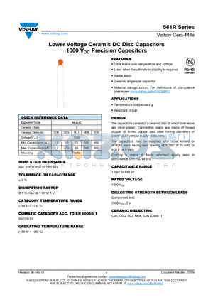 561R10TSQ30 datasheet - Lower Voltage Ceramic Disc Capacitors 1000 VDC Temperature & Voltage Stabilized