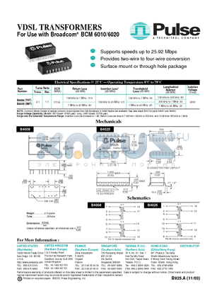 BCM6020 datasheet - VDSL TRANSFORMERS For Use with Broadcom