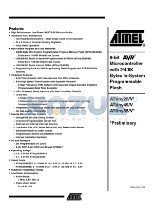 ATTINY45-20PU datasheet - 8-bit Microcontroller with 2/4/8K Bytes In-System Programmable Flash