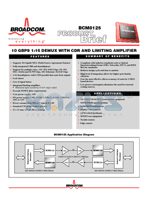 BCM8125 datasheet - 10 GBPS 1:16 DEMUX WITH CDR AND LIMITING AMPLIFIER