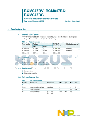 BCM847DS datasheet - NPN/NPN matched double transistors