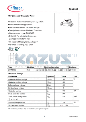 BCM856S datasheet - PNP Silicon AF Transistor Array