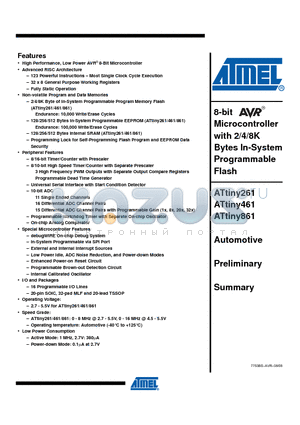 ATTINY461-ESXZ datasheet - 8-bit Microcontroller with 2/4/8K Bytes In-System Programmable Flash