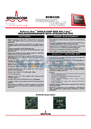 BCM94326 datasheet - AirForce One SINGLE-CHIP IEEE 802.11b/g MAC/BASEBAND/RADIO WITH INTEGRATED CPU