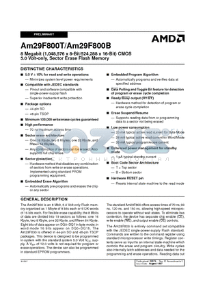 AM29F800B-150EI datasheet - 8 Megabit (1,048,576 x 8-Bit/524,288 x 16-Bit) CMOS 5.0 Volt-only, Sector Erase Flash Memory