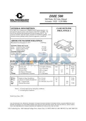 DME500 datasheet - 500 Watts, 50 Volts, Pulsed Avionics 1025 - 1150 MHz high power COMMON BASE bipolar transistor.