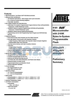 ATTINY85-20PU datasheet - 8-bit Microcontroller with 2/4/8K Bytes In-System Programmable Flash