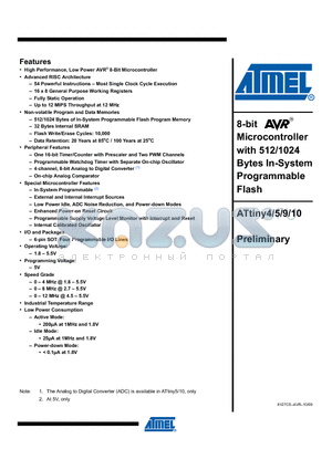 ATTINY4_09 datasheet - 8-bit Microcontroller with 512/1024 Bytes In-System Programmable Flash