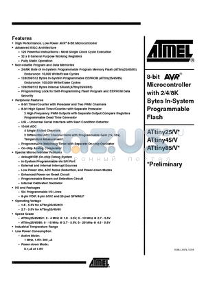 ATTINY85V datasheet - 8-bit Microcontroller with 2/4/8K Bytes In-System Programmable Flash