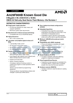 AM29F800BT-120DGC1 datasheet - 8 Megabit (1 M x 8-Bit/512 K x 16-Bit) CMOS 5.0 Volt-only, Boot Sector Flash Memory-Die Revision 1